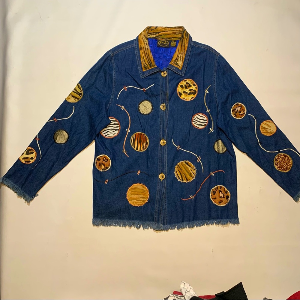 Julia Kim 1X XL animal print denim patchwork circles button up jacket 95809 raw